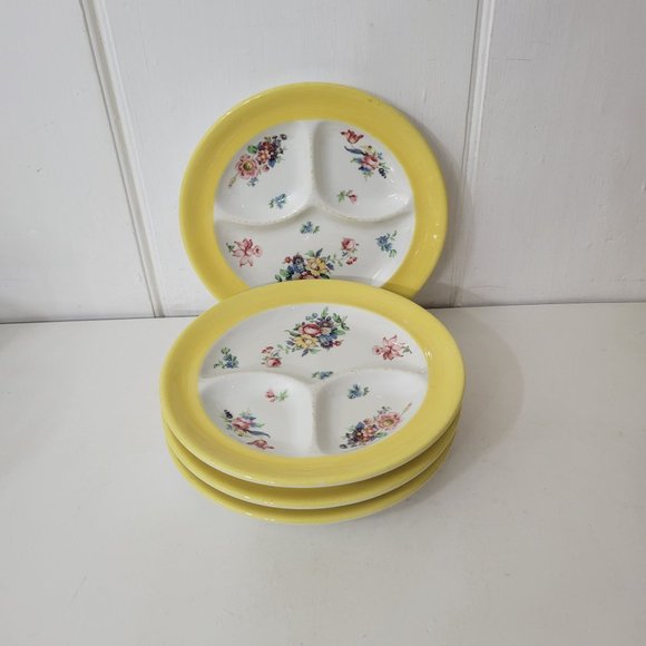 Syracuse China Yellow Floral Divided Dinner Plates Set of Four - Picture 10 of 10